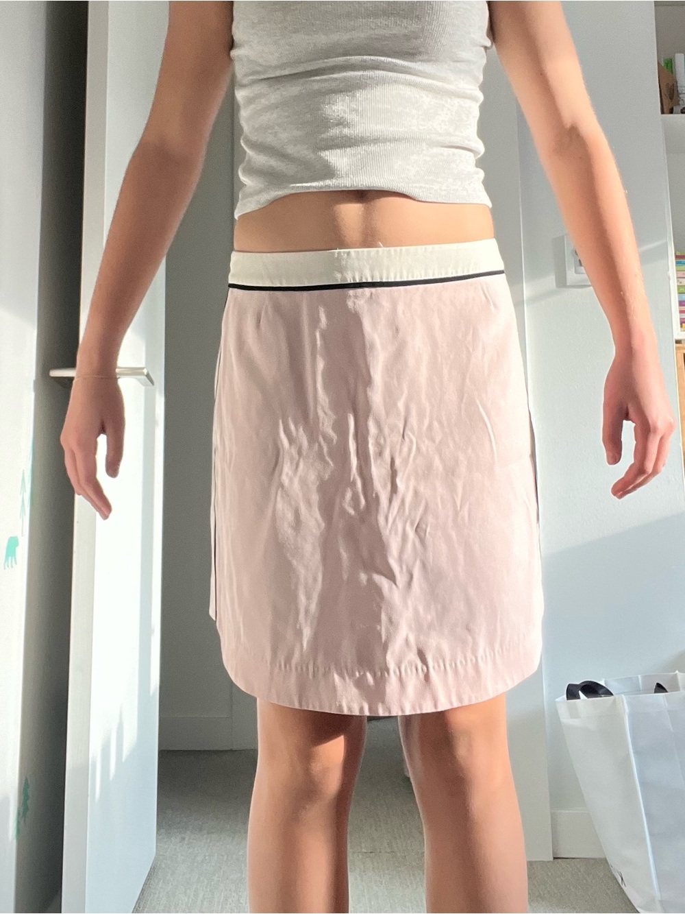 Babaton Light Pink Midi Skirt with Cream Waistband and Black Trim